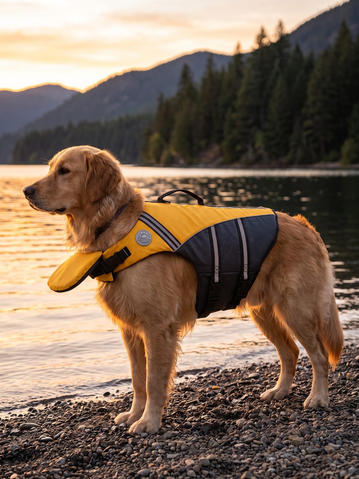Golden retriever in a yellow and black AquaGuardPro life jacket standing on a lakeshore at sunset
