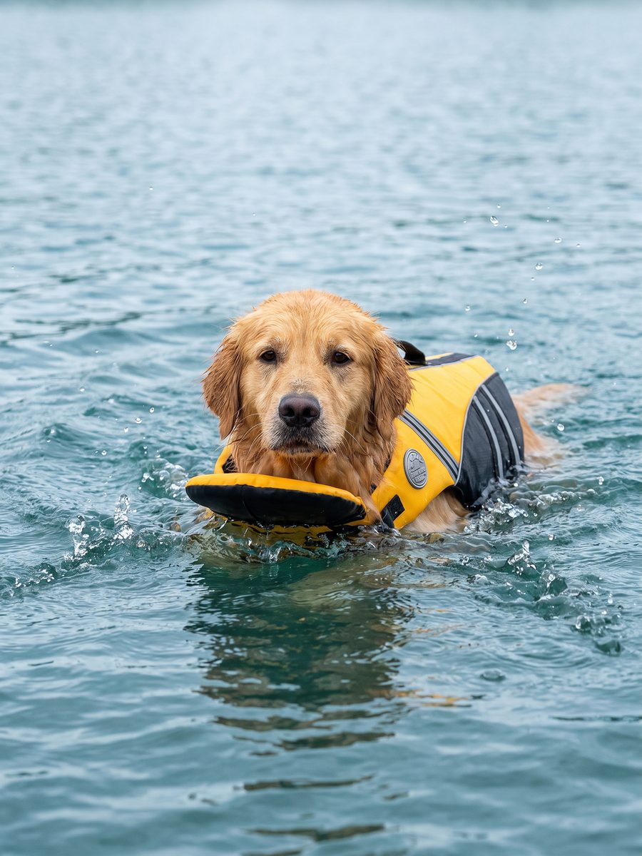 Dog swimming toward the camera in a yellow AquaGuardPro life jacket, head and chest held high above the water