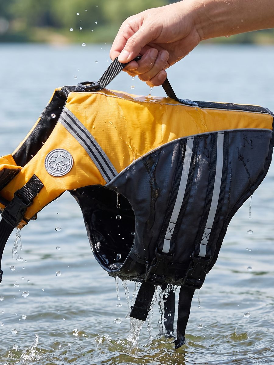 The grab handle on a yellow AquaGuardPro life jacket being lifted by hand, water streaming off it