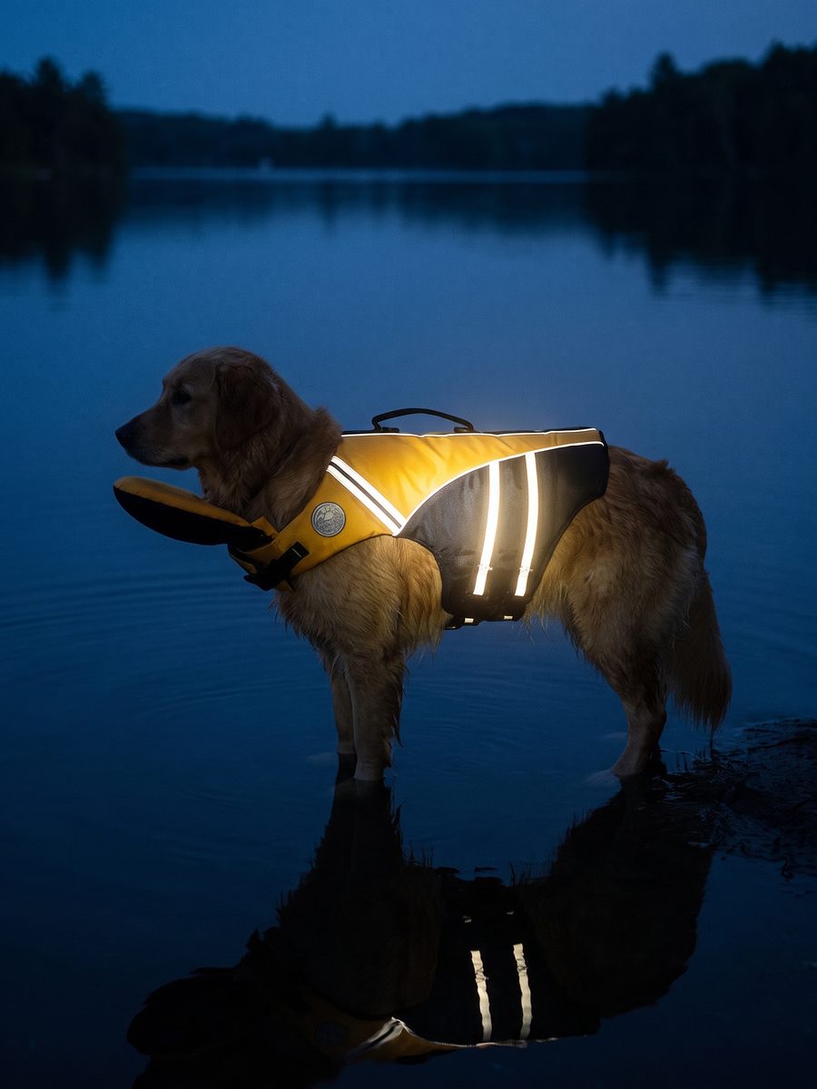 Dog at the water's edge at dusk, the reflective strips on its yellow AquaGuardPro life jacket lit up brightly