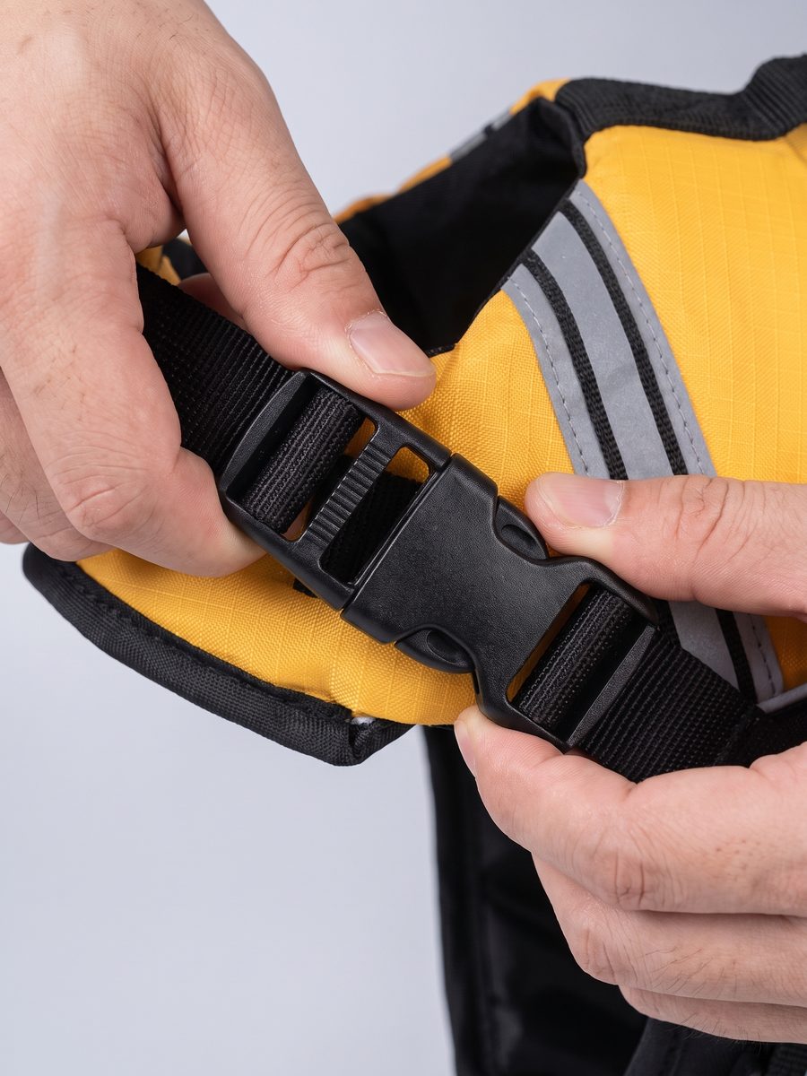 Close-up of two hands clicking together the quick-release buckle on a yellow AquaGuardPro life jacket